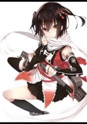 Rule 34 | 10s, 1girl, bad id, bad pixiv id, black legwear, black neckerchief, black skirt, brown eyes, brown hair, elbow gloves, from above, gloves, hair between eyes, hair ornament, holding, kantai collection, letterboxed, looking at viewer, neckerchief, pleated skirt, scarf, sendai (kancolle), sendai kai ni (kancolle), short hair, simple background, skirt, sleeveless, smile, solo, takuan (takuan0907), torpedo, twintails, two side up, white background, white scarf