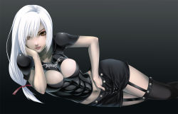 Rule 34 | 1girl, black background, black thighhighs, breasts, brown eyes, collarbone, garter straps, hand in skirt, hand under clothes, head rest, kogaran, large breasts, lips, long hair, looking at viewer, lying, midriff, navel, on side, solo, the elder scrolls, the elder scrolls iv: oblivion, thighhighs, white hair