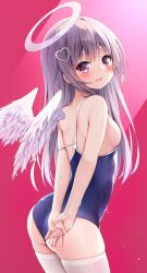 Rule 34 | 1girl, angel, angel wings, arms behind back, ass, blue one-piece swimsuit, blush, breasts, breasts out, feathered wings, from behind, grey hair, hair ornament, hairclip, halo, hatsuhi, heart, heart hair ornament, highres, long hair, looking at viewer, looking back, one-piece swimsuit, open mouth, original, own hands together, pink background, red eyes, school swimsuit, sideboob, simple background, small breasts, solo, strap slip, swimsuit, thighhighs, thighs, wedgie, white thighhighs, white wings, wings