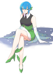 Rule 34 | 1girl, blue eyes, blue hair, creatures (company), crossed legs, elbow gloves, florges, florges (blue flower), full body, game freak, gen 6 pokemon, gloves, green footwear, high heels, highres, itsuya (yakitori), looking at viewer, nintendo, pencil skirt, personification, pokemon, short hair, sitting, skirt, smile, solo, white gloves