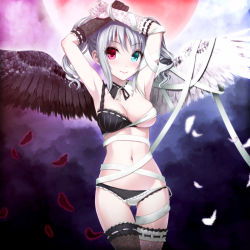 Rule 34 | 10s, 1girl, armpits, arms up, asymmetrical clothes, asymmetrical wings, bandages, blue eyes, blush, bra, breasts, detached collar, drill hair, feathers, gloves, heterochromia, idolmaster, idolmaster cinderella girls, kanzaki ranko, medium breasts, navel, panties, pink eyes, shiny skin, silver hair, skindentation, smile, solo, thigh gap, thighhighs, totokichi, twin drills, twintails, underwear, underwear only, wings