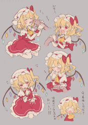 Rule 34 | 1boy, 1girl, absurdres, ahase hino, blonde hair, blood, dress, fang, finger sucking, flandre scarlet, hat, highres, holding hands, licking, licking blood, mob cap, open mouth, petite, pointy ears, red dress, red eyes, red ribbon, red skirt, ribbon, skirt, smile, touhou, vampire, wings