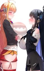 Rule 34 | 2girls, absurdres, asymmetrical docking, asymmetrical horns, bare shoulders, black hair, blush, breast envy, breast press, breasts, closed mouth, colored inner hair, cowboy shot, demon horns, dragon girl, dragon horns, dress, from side, height difference, highres, hip vent, hololive, hololive english, horns, huge breasts, kiryu coco, kiryu coco (1st costume), long hair, looking at another, looking at viewer, miniskirt, multicolored hair, multiple girls, nerissa ravencroft, nerissa ravencroft (1st costume), orange hair, pleated skirt, pout, prab, profile, purple hair, red eyes, short dress, sideboob, sideways glance, simple background, skirt, smile, smug, very long hair, virtual youtuber, white background