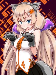 Rule 34 | &gt;:o, 1girl, :o, abstract background, alternate costume, angela balzac, animal ears, animal hands, bare shoulders, belt, blonde hair, blue eyes, blush, breasts, fake animal ears, fake tail, fang, food-themed hair ornament, gloves, hair ornament, hairclip, halloween, halloween costume, highres, large breasts, long hair, looking at viewer, low twintails, necktie, open mouth, paw gloves, paw pose, pumpkin hair ornament, rakuen tsuihou, shirt, sleeveless, sleeveless shirt, solo, tail, tei-o, twintails, upper body, v-shaped eyebrows, very long hair