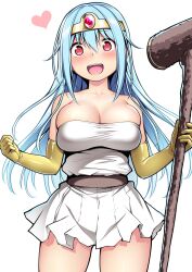 Rule 34 | 1girl, absurdres, aqua hair, blush, breasts, circlet, dragon quest, dragon quest iii, dress, elbow gloves, gloves, hair between eyes, heart, highres, holding, holding staff, kuromayu, large breasts, long hair, looking at viewer, open mouth, sage (dq3), simple background, solo, staff, strapless, strapless dress, white background, white dress, yellow gloves
