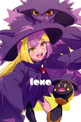Rule 34 | 1girl, alternate eye color, alternate hair color, blonde hair, blush, bow-shaped hair, breasts, character name, commentary request, cosplay, creatures (company), dress, echo (circa), game freak, gen 4 pokemon, hat, iono (pokemon), long hair, long sleeves, medium breasts, mismagius, mismagius (cosplay), multicolored hair, nintendo, open mouth, pokemon, pokemon (creature), pokemon sv, purple dress, purple hair, purple headwear, sharp teeth, tadbulb, teeth, twintails, two-tone hair, very long hair, witch hat, yellow eyes