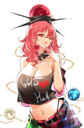 Rule 34 | 1girl, bare shoulders, belt, black belt, breasts, chain, cleavage, clothes writing, collar, cuffs, earrings, earth (ornament), gold chain, hecatia lapislazuli, highleg, highleg panties, highres, jewelry, large breasts, long hair, moon (ornament), navel, off-shoulder shirt, off shoulder, panties, raptor7, red eyes, red hair, shirt, skirt, solo, thong, touhou, underwear