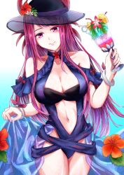 Rule 34 | 1girl, black hat, blue one-piece swimsuit, bracelet, breasts, cleavage, closed mouth, clothing cutout, cocktail glass, cup, drink, drinking glass, drinking straw, female focus, fire emblem, fire emblem engage, fire emblem heroes, flower, hat, holding, holding cup, ivy (fire emblem), ivy (summer) (fire emblem), jewelry, large breasts, long hair, looking at viewer, matching hair/eyes, mole, mole under mouth, navel, nintendo, one-piece swimsuit, purple eyes, purple hair, see-through, smile, solo, sturm fe k11, swimsuit, tropical drink