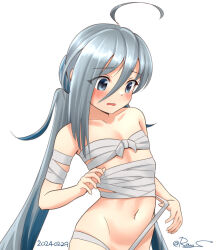 Rule 34 | 1girl, ahoge, bandages, breasts, budget sarashi, cowboy shot, dated, grey eyes, grey hair, grey pantyhose, hair between eyes, kantai collection, kiyoshimo (kancolle), long hair, low twintails, no panties, one-hour drawing challenge, out-of-frame censoring, pantyhose, ray.s, sarashi, small breasts, solo, twintails, twitter username, very long hair