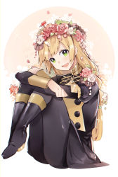 1girl blonde_hair boots fire_emblem fire_emblem:_three_houses flower garreg_mach_monastery_uniform green_eyes hair_flower hair_ornament ingrid_brandl_galatea knee_boots knees_up long_hair long_sleeves nintendo open_mouth petals rirene_rn sitting solo