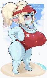Rule 34 | absurdres, beach, blonde hair, blue skin, blush, breasts, bursting breasts, cleavage, colored skin, covered erect nipples, english text, gamukami, hand on own hip, highres, huge breasts, jitome, league of legends, lifeguard, long pointy ears, one-piece swimsuit, plump, pointy ears, poppy (league of legends), puffy nipples, purple eyes, red one-piece swimsuit, short hair, shortstack, sweat, swimsuit, thick thighs, thighs, twintails, visor cap, whistle, whistle around neck, yordle