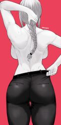 Rule 34 | absurdres, adjusting clothes, adjusting legwear, arm up, ass, ass focus, back, backboob, breasts, chainsaw man, facing away, from behind, highres, large breasts, makima (chainsaw man), masoq, monochrome, sweat, tagme, thigh gap, topless