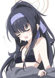 Rule 34 | 1girl, bikini, black bikini, black hair, blue archive, closed eyes, collarbone, commentary, facing viewer, flat chest, grey jacket, hairband, halo, high ponytail, highres, jacket, jewelry, long hair, long sleeves, necklace, o-ring, o-ring top, official alternate costume, open mouth, purple hairband, simple background, solo, sweatdrop, swimsuit, translation request, ui (blue archive), ui (swimsuit) (blue archive), undressing, upper body, white background, yoimura