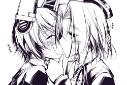 Rule 34 | 2girls, blush, closed eyes, collared shirt, from side, greyscale, halo, headgear, kantai collection, kiss, long sleeves, looking at viewer, looking to the side, mechanical halo, monochrome, multiple girls, notice lines, ohta yuichi, purple theme, shirt, simple background, sweatdrop, tatsuta (kancolle), tenryuu (kancolle), trembling, white background, wing collar, yuri