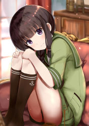Rule 34 | 1girl, absurdres, anchor symbol, black hair, black neckerchief, black socks, blurry, blurry background, blush, braid, closed mouth, couch, depth of field, dress, from side, green shirt, green skirt, hair over shoulder, hair ribbon, hands on own knees, highres, indoors, kantai collection, kitakami (kancolle), kneehighs, knees up, legs together, light particles, long hair, looking at viewer, looking to the side, neckerchief, no shoes, okitsugu, on couch, pocket, purple eyes, revision, ribbon, shelf, shirt, short dress, short sleeves, sidelocks, single braid, skirt, smile, socks, solo, tareme, thighs, tress ribbon
