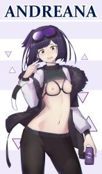 Rule 34 | 1girl, andreana (arknights), arknights, black jacket, black pants, black shirt, blue eyes, blush, breastless clothes, can, character name, clothes lift, cowboy shot, fur-trimmed jacket, fur trim, goggles, goggles on head, highres, holding, holding can, jacket, looking at viewer, looking down, mask, unworn mask, one eye closed, open clothes, open jacket, open mouth, pants, pointing, pointing at self, purple hair, shirt, shirt lift, short hair, solo, triangle, white sleeves, zhadao lza