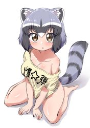 Rule 34 | 1girl, animal ears, bad id, bad pixiv id, barefoot, black hair, bob cut, bottomless, breasts, brown eyes, cleavage, clothes writing, commentary, common raccoon (kemono friends), grey hair, highres, kemono friends, medium hair, multicolored hair, ngetyan, no pants, off shoulder, parted lips, raccoon ears, raccoon tail, shadow, shirt, short hair, short sleeves, simple background, sitting, solo, star (symbol), striped tail, t-shirt, tail, v arms, wariza, white background, yellow shirt