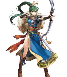 Rule 34 | 1girl, arrow (projectile), boots, bow (weapon), brown footwear, earrings, female focus, fire emblem, fire emblem: the blazing blade, fire emblem heroes, full body, green eyes, green hair, highres, holding, holding bow (weapon), holding weapon, jewelry, long hair, lyn (fire emblem), matching hair/eyes, nintendo, non-web source, official art, ponytail, quiver, sheath, sheathed, solo, standing, sword, transparent background, wada sachiko, weapon