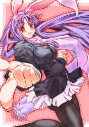 Rule 34 | 1girl, :d, animal ears, black pantyhose, blazer, breasts, female focus, foreshortening, hase nanase, jacket, large breasts, long hair, miniskirt, open mouth, pantyhose, pleated skirt, pointing, purple hair, rabbit ears, red eyes, reisen udongein inaba, skirt, smile, solo, touhou, very long hair