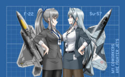 Rule 34 | 2girls, aircraft, airplane, airplane hair ornament, belt, black belt, black nails, black pantyhose, blue skirt, blue suit, breast press, breasts, brown eyes, brown pantyhose, collared shirt, earrings, english text, f-22, f-22 raptor, fighter jet, formal, grey hair, grey skirt, grey suit, hair ornament, highres, id card, jet, jewelry, large breasts, long hair, looking at another, military, military vehicle, miniskirt, multiple girls, necktie, office lady, original, pantyhose, personification, ponytail, red eyes, shirt, sidelocks, skirt, skirt suit, standing, su-57, suit, symmetrical docking, very long hair, white shirt, zero (73ro)