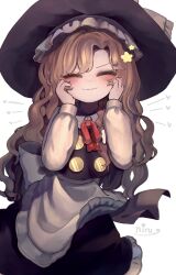 Rule 34 | 1girl, apron, back bow, black hat, black vest, blonde hair, blush, bow, buttons, closed eyes, closed mouth, collared shirt, commentary request, cowboy shot, frilled apron, frilled hat, frills, hands on own cheeks, hands on own face, hat, hat bow, heart, highres, kirisame marisa, light smile, long hair, long sleeves, neck ribbon, niru 05, puffy sleeves, red ribbon, ribbon, shirt, signature, simple background, solo, star (symbol), touhou, vest, waist apron, wavy hair, white apron, white background, white bow, white shirt