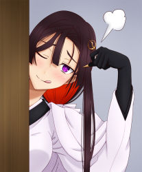 1girl, bangs, black hair, blush, breasts, claws, fate/grand order, fate (series), hair ornament, hasebe akira, japanese clothes, kimono, licking lips, long hair, long sleeves, looking at viewer, medium breasts, miss crane (fate), multicolored hair, one eye closed, purple eyes, red hair, sidelocks, smile, tongue, tongue out, two-tone hair, white kimono, wide sleeves
