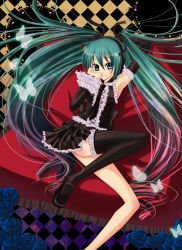 Rule 34 | 1girl, armpits, bad id, bad pixiv id, bug, butterfly, checkered background, dress, elbow gloves, frills, gensui, gloves, green eyes, green hair, hatsune miku, head rest, insect, legs, loafers, long hair, matching hair/eyes, shoes, single thighhigh, sitting, solo, thighhighs, twintails, very long hair, vocaloid