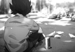 Rule 34 | bird, can, commentary, dragon ball, dragonball z, from behind, greyscale, highres, khyle., monochrome, pants, shirt, sitting, spiked hair, vegeta