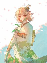 Rule 34 | 1girl, blonde hair, closed mouth, commentary, day, english commentary, falling petals, floral print, green kimono, highres, holding, holding plant, japanese clothes, kimono, looking at viewer, lycoris recoil, medium hair, nishikigi chisato, obi, one side up, outdoors, petals, plant, print kimono, red eyes, rokilly, sash, smile, solo