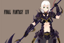 Rule 34 | 10s, 1girl, armor, brown background, copyright name, dragoon, dragoon (final fantasy), elezen, elf, final fantasy, final fantasy xiv, gauntlets, green eyes, lance, long hair, nanahara fuyuki, navel, pointy ears, polearm, simple background, solo, warrior of light (ff14), weapon, white hair