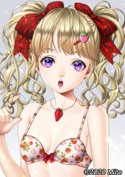 Rule 34 | 2020, :o, artist name, blonde hair, bow, bow bra, bra, breasts, commentary request, curly hair, eyebrows hidden by hair, food-themed hair ornament, food print, hair bow, hair ornament, hairclip, hand in own hair, highres, jewelry, mito amatsu, necklace, open mouth, original, pink nails, plaid, plaid bow, purple eyes, red bow, small breasts, strawberry hair ornament, strawberry print, twintails, underwear, white bra
