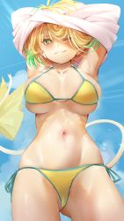 Rule 34 | + +, 1girl, absurdres, bikini, blonde hair, blue eyes, blue hair, bombergirl, breasts, colored tips, fuse, fuse tail, hesoten, highres, large breasts, multicolored hair, oppai loli, pine (bombergirl), short hair, side-tie bikini bottom, solo, swimsuit, twintails, two-tone hair, yellow bikini, yellow pupils