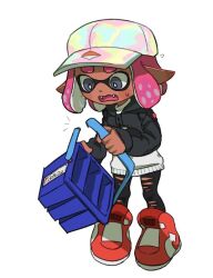 Rule 34 | 1girl, aki (gsl 9708), baseball cap, black pants, broken, bucket, fangs, flying sweatdrops, full body, grey eyes, hat, holding, holding weapon, ikki (gsl 9708), inkling, inkling girl, inkling player character, medium hair, nintendo, open mouth, pants, pink hair, pointy ears, red footwear, shoes, short eyebrows, simple background, solo, splatoon (series), splatoon 3, standing, sweat, tentacle hair, thick eyebrows, torn clothes, torn pants, tri-slosher (splatoon), wavy mouth, weapon, white background
