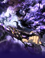 Rule 34 | 1boy, black hair, black jacket, black pants, blue shirt, blurry, blurry background, dagger, electricity, highres, holding, holding weapon, jacket, jang sung-rak, knife, looking at viewer, male focus, official art, pants, purple eyes, shirt, short hair, solo, solo leveling, sung jin-woo, tagme, weapon