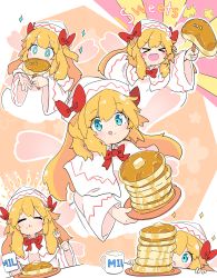 Rule 34 | &gt; &lt;, 1girl, absurdres, blonde hair, blue eyes, blush, blush stickers, capelet, closed mouth, commission, cup, dress, closed eyes, fairy, fairy wings, food, fork, hair between eyes, hat, highres, holding, holding fork, lily white, long hair, long sleeves, multiple views, open mouth, pancake, skeb commission, smile, tatutaniyuuto, teeth, tongue, tongue out, touhou, upper teeth only, white capelet, white dress, white headwear, wings