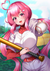Rule 34 | 1girl, absurdres, ahoge, amane karen, ball, baseball, baseball bat, baseball field, baseball uniform, belt, blush, breasts, cloud, commission, heart, heart hair, highres, holding, holding ball, holding baseball bat, jikkyou powerful pro yakyuu, large breasts, looking at viewer, low twintails, pants, pink eyes, pink hair, power pro appli, red belt, skeb commission, sky, smile, solo, sportswear, twintails, uzura (moimoi), white pants