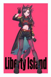 Rule 34 | 1girl, absurdres, ahoge, animal ears, belt, black footwear, black gloves, black shorts, braid, brown eyes, brown hair, brown pantyhose, character name, coat, colored inner hair, commentary, crop top, ear ornament, english text, full body, gloves, green coat, grey pants, grin, highres, horse ears, horse girl, horse tail, lapel pin, liberty island (racehorse), long hair, long sleeves, looking at viewer, midriff, multicolored hair, navel, obushideian, one eye closed, original, outside border, pants, pantyhose, personification, red background, short shorts, shorts, smile, solo, tail, thigh belt, thigh strap, toned, two-sided fabric, two-tone hair, umamusume, w, wavy hair