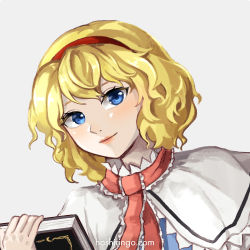 Rule 34 | 1girl, alice margatroid, ascot, blue dress, blue eyes, blush, book, capelet, closed mouth, commentary request, dress, eyelashes, frilled ascot, frilled capelet, frills, hairband, happy, holding, holding book, hoshiringo0902, lips, long sleeves, pink ascot, red hairband, short hair, simple background, smile, solo, touhou, white background, white capelet