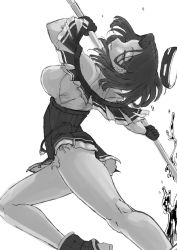 Rule 34 | 1girl, boots, capelet, commentary request, cowboy shot, dress, glaive (polearm), greyscale, halo, highres, kantai collection, mechanical halo, monochrome, mrdotd, pleated dress, polearm, short hair, simple background, solo, tatsuta (kancolle), tatsuta kai ni (kancolle), water