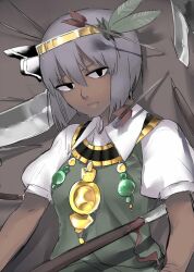 Rule 34 | 1girl, aaaa (aaaa480), arrow (projectile), asatsuki (cookie), black eyes, black ribbon, breasts, closed mouth, collared shirt, commentary request, cookie (touhou), dark-skinned female, dark skin, expressionless, feather hair ornament, feathers, gem, gold, gold hairband, green gemstone, green vest, grey hair, hair between eyes, hair ornament, hair ribbon, hairband, jewelry, knife, konpaku youmu, long bangs, looking at viewer, medium breasts, necklace, polearm, puffy short sleeves, puffy sleeves, ribbon, shirt, short hair, short sleeves, solo, spear, touhou, upper body, vest, weapon, white shirt
