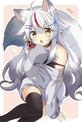 Rule 34 | 1girl, :o, animal ear fluff, animal ears, bell, black thighhighs, commission, fang, fox ears, fox tail, gradient hair, grey hair, hair bell, hair ornament, highres, jingle bell, kamiko kana, long hair, long sleeves, looking at viewer, multicolored hair, nomu ra nomu, off shoulder, red hair, skin fang, sleeves past fingers, sleeves past wrists, strap slip, streaked hair, sweater, tail, thighhighs, tsunderia, virtual youtuber, white hair