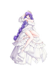 Rule 34 | 1girl, absurdres, bare shoulders, bow, braid, breasts, chinese commentary, cleavage, detached sleeves, dress, frilled dress, frills, girls&#039; frontline, hair between eyes, hair ornament, high heels, highres, jewelry, knee up, leg up, long dress, long hair, looking at viewer, loveforever666, necklace, official alternate costume, open mouth, puffy detached sleeves, puffy sleeves, purple hair, red eyes, simple background, solo, star (symbol), star hair ornament, star necklace, teeth, very long hair, wedding dress, white background, white bow, white dress, zb-26 (girls&#039; frontline), zb-26 (the 1000th paper crane) (girls&#039; frontline)