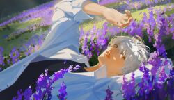 Rule 34 | 1boy, absurdres, arm behind head, bishounen, black tank top, chinese commentary, collared shirt, commentary request, day, expressionless, eyelashes, field, fingernails, flower, flower field, hand up, highres, light and night love, lilac, long sleeves, lying, male focus, on back, open clothes, open shirt, orange eyes, outdoors, palms, parted lips, purple flower, qi sili, red lips, shirt, short hair, solo, sunlight, tank top, teeth, upper body, upper teeth only, white hair, white shirt, white sleeves, yuyumu