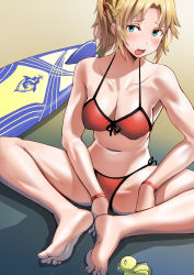Rule 34 | 1girl, alternate breast size, ayakumo, bikini, blonde hair, blush, braid, breasts, collarbone, commentary, fate/grand order, fate (series), green eyes, hair ornament, highres, large breasts, long hair, looking at viewer, mordred (fate), mordred (fate) (all), mordred (fate/apocrypha), mordred (swimsuit rider) (fate), mordred (swimsuit rider) (first ascension) (fate), navel, ponytail, red bikini, scrunchie, side-tie bikini bottom, solo, string bikini, surfboard, swimsuit, tongue, tongue out, toy
