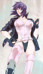 Rule 34 | 1girl, belt, belt skirt, black gloves, bodysuit, boots, breasts, breasts apart, cleavage, clenched hands, colored eyelashes, cropped jacket, cyberpunk, fingerless gloves, foreshortening, frown, ghost in the shell, ghost in the shell stand alone complex, gloves, groin, half-closed eyes, hand on own hip, highleg, highleg leotard, highres, hip focus, index finger raised, jacket, kusanagi motoko, large breasts, leather, leather jacket, leotard, limits hys, lips, open clothes, open jacket, purple hair, red eyes, science fiction, serious, short hair, solo, standing, suzuki tsuta, thighhighs