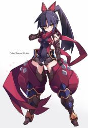 Rule 34 | 1girl, black hair, breasts, closed mouth, commentary request, copyright name, fate (series), full body, gauntlets, gradient background, grey background, highres, karukan (monjya), katou danzou (fate), long hair, looking to the side, medium breasts, ponytail, red scarf, scarf, solo, standing, thighs, white background, yellow eyes