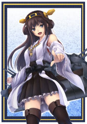 Rule 34 | 10s, 1girl, ahoge, bare shoulders, bit (artist), bit (keikou syrup), boots, breasts, brown hair, detached sleeves, hair ornament, hairband, headgear, japanese clothes, kantai collection, kongou (kancolle), long hair, looking at viewer, nontraditional miko, open mouth, out of frame, outside border, personification, pointing, solo, thigh boots, thighhighs, wide sleeves, zettai ryouiki