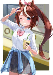 Rule 34 | 1girl, absurdres, alternate costume, animal ears, arm up, blue eyes, blue sweater, blurry, blurry background, border, bow, bow hairband, bowtie, breasts, brown hair, clothes around waist, collared shirt, commentary request, cowboy shot, cup, disposable cup, dress shirt, drink, drinking straw, floating hair, grey skirt, grin, hairband, high ponytail, highres, holding, holding drink, horse ears, horse girl, long hair, looking at viewer, multicolored hair, one eye closed, pink hairband, plaid, plaid skirt, pleated skirt, red bow, red bowtie, school uniform, shirt, shirt tucked in, sidelocks, skirt, sleeves rolled up, small breasts, smile, solo, streaked hair, sweater, sweater around waist, teeth, thighs, tokai teio (umamusume), two-tone hair, umamusume, v, white border, white hair, white shirt, wristband, yoshinon (yoshinon kotori)