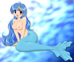 Rule 34 | 00s, 1girl, blue eyes, blue hair, blush, breasts, completely nude, female focus, hair ornament, houshou hanon, long hair, looking at viewer, matching hair/eyes, mermaid, mermaid melody pichi pichi pitch, monster girl, nipples, nude, open mouth, smile, solo, star (symbol), star hair ornament