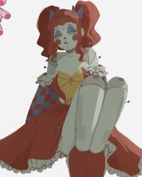 Rule 34 | 1girl, bare shoulders, blue bow, bow, checkered clothes, circus baby (fnaf), clothed robot, clown, cross-laced clothes, cross-laced top, eyeshadow, five nights at freddy&#039;s, five nights at freddy&#039;s: sister location, frilled skirt, frills, green eyes, hair bow, highres, humanoid robot, joints, jxitrash, legs together, looking at viewer, makeup, midriff peek, no lineart, red footwear, red lips, red skirt, robot, robot girl, robot joints, shaded face, shirt, skirt, solo, strapless, strapless shirt, twintails, wavy hair, white background